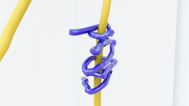 A yellow, rod-shaped object wrapped in a shiny, blue, spiral-shaped structure against a white background.
