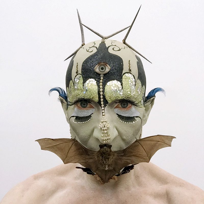 A portrait shot of a face with a bat mask.