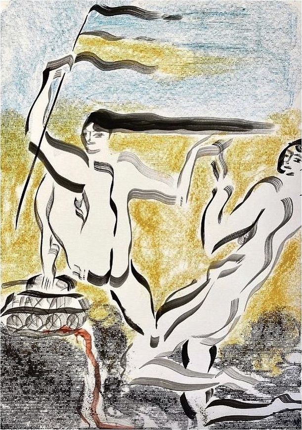 An abstract painting of two undressed people. One person is holding a flag.