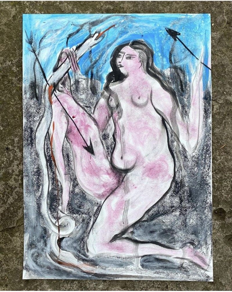 Ein Gemälde von einer unbekleideten Person, die eine Schlange und ein Speer in der Hand hält.