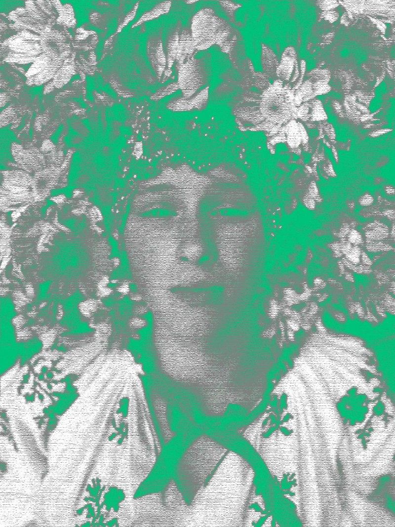 A portrait shot with a green filter of a person with flowers around them.