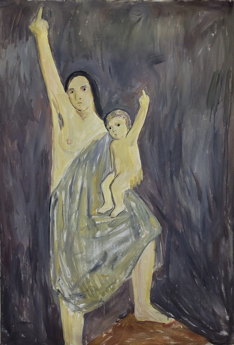 A painting of a woman holding a child in her arms. Both have their arms stretched upwards and are showing the middle finger.