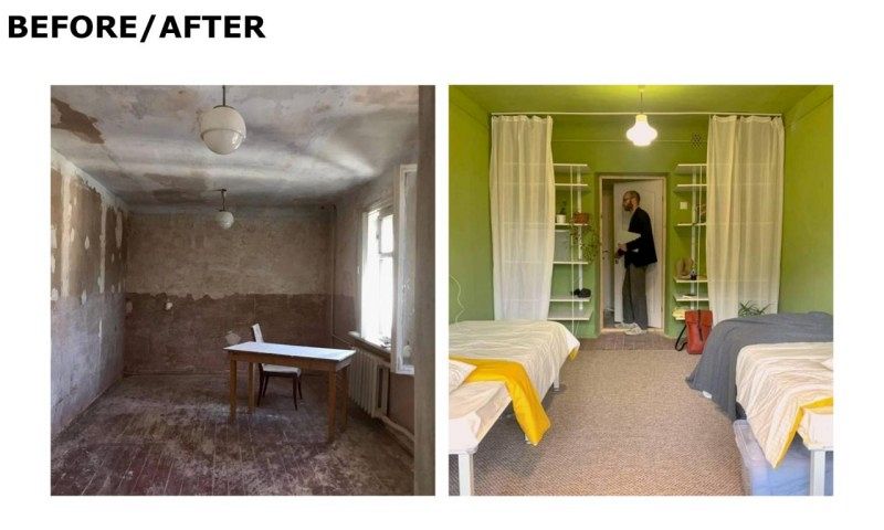 A before and after picture of a room.