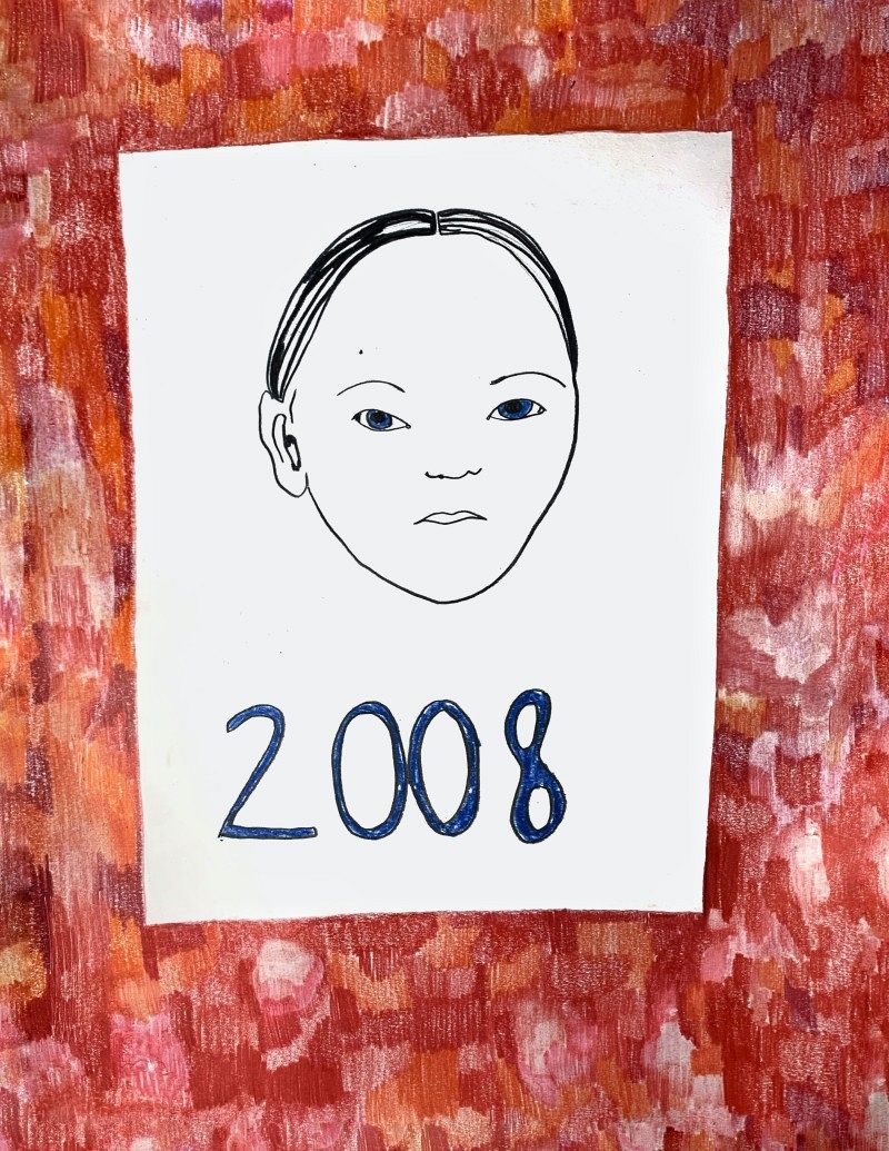 Eine Zeichnung von einer Person, unter der die Zahl 2008 steht.