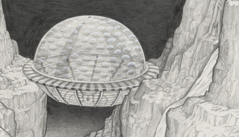 A drawing of a UFO between two large rock formations.